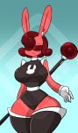  anthro big_breasts breasts clothed clothing diamond_grenadier earpiece female hair hi_res lagomorph leporid mammal pink_body rabbit red_hair skimpy solo staff tammy_(averyshadydolphin) thick_thighs tight_clothing visor weapon 
