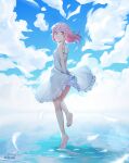  1girl aqua_sky arms_behind_back artist_name arusuko backlighting bare_arms bare_legs barefoot blue_sky blurry bokeh breasts closed_mouth cloud cloudy_sky day depth_of_field dot_nose dress feathers floating_hair frilled_dress frilled_straps frills full_body gradient_sky hair_between_eyes hair_down happy kaname_madoka light_particles looking_at_viewer looking_back luminous_(madoka_magica) mahou_shoujo_madoka_magica mahou_shoujo_madoka_magica_(anime) mahou_shoujo_madoka_magica_movie_1_&amp;_2 medium_hair nape outdoors pink_eyes pink_hair ripples shadow shallow_water sideboob sky sleeveless sleeveless_dress small_breasts smile soles solo spaghetti_strap standing standing_on_liquid standing_on_one_leg tareme water white_dress white_feathers 