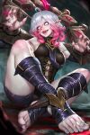  armwear blush bottomwear bound breasts briar_(league_of_legends) brown_clothing clothing colored_nails eyelashes female freckles grey_eyes grey_hair grey_nails hair hi_res humanoid humanoid_pointy_ears league_of_legends legwear looking_at_viewer multicolored_hair nails neoartcore open_mouth open_smile pale_skin pink_hair pink_sclera purple_armwear purple_bottomwear purple_clothing purple_legwear purple_shorts restraints riot_games sharp_nails sharp_teeth shorts side_boob sitting smile solo stocks teeth thick_thighs two_tone_hair vampire vein wide_hips 