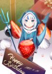  1girl :o animal_costume animal_hood birthday_cake blue_eyes blue_hair blue_hoodie blunt_bangs cake english_text fins fish_tail food fruit full_body gawr_gura gawr_gura_(1st_costume) happy_birthday highres holding holding_food hololive hololive_english hood hood_up hoodie long_sleeves looking_at_viewer medium_hair multicolored_hair no_pants open_mouth overlord_(overlord80000) shark_costume shark_girl shark_hood shark_print shark_tail shoes sidelocks sneakers solo standing strawberry streaked_hair tail tsurime virtual_youtuber white_footwear white_hair wide_sleeves 