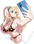  1girl asymmetrical_hair bikini black_bikini blue_eyes breasts cellphone cleavage cosplay cropped_legs earrings floral_print galko hair_bun highres holding holding_phone jewelry kitagawa_marin kitagawa_marin_(cosplay) large_breasts navel one_side_up oshiete!_galko-chan phone selfie sho-n-d single_side_bun smartphone smile solo stomach stud_earrings swimsuit taking_picture w white_background 