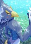  anthro avian beak blue_body blue_feathers breath_of_the_wild chikichikitaron feathers green_eyes hair hi_res lake long_hair looking_at_viewer looking_back male nintendo nude revali rito skinny_dipping solo the_legend_of_zelda water 