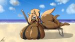  2023 anthro beach beach_chair big_breasts big_butt bikini blonde_hair blue_eyes breasts brown_body brown_fur butt canid canine canis clothing cloud fangs female fur glubtastic hair hi_res huge_breasts huge_butt hyper hyper_breasts idw_publishing looking_at_viewer lying mammal on_front one_eye_obstructed sand seaside sega side_boob signature sling_bikini smile solo sonic_the_hedgehog_(comics) sonic_the_hedgehog_(idw) sonic_the_hedgehog_(series) swimwear teeth text thick_thighs water whisper_the_wolf wolf 