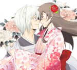  animal_ears blush brown_eyes brown_hair carrying couple flower fox_boy fox_ears hair_flower hair_ornament hetero japanese_clothes kamisama_hajimemashita kimono long_hair momozono_nanami nail_polish pink_flower pink_kimono pink_nails princess_carry red_flower short_hair smile tomoe_(kamisama_hajimemashita) white_flower white_hair wide_sleeves yukoyasu 