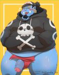  2023 96panda asian_clothing belly big_belly blue_body clothing east_asian_clothing fish-men_(one_piece) fundoshi genitals hat headgear headwear hi_res hoodie japanese_clothing jinbe kemono male marine one_piece overweight overweight_male penis red_clothing red_fundoshi red_underwear solo tongue tongue_out topwear underwear 