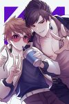  2boys belial_(granblue_fantasy) belt black_hair black_jacket black_pants brown_hair collared_shirt cup disposable_cup drinking drinking_straw earrings gran_(granblue_fantasy) granblue_fantasy grey_shirt highres holding holding_cup jacket jewelry kishire0324 large_pectorals male_focus multiple_boys muscular muscular_male open_clothes open_jacket pants pectorals shirt short_hair sunglasses tinted_eyewear v white_belt white_jacket 