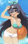  1girl arm_up armpits ball beachball bikini bikini_top_only blue_eyes blue_hair blush bow breasts earrings fang front-tie_bikini_top front-tie_top ganaha_hibiki goggles goggles_on_head green_bikini green_bow hair_between_eyes hair_bow hair_ribbon highres holding hoop_earrings idolmaster jewelry large_breasts long_hair looking_at_viewer necklace open_mouth partially_submerged ponytail ransusan ribbon short_shorts shorts sky solo standing swimsuit tan very_long_hair wet white_shorts 
