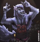  acidwuff anthro armpit_hair black_sclera body_hair canid chest_hair clothed clothing fangs front_view fur grey_body grey_clothing grey_fur grey_hair grey_topwear hair hairy_arms happy_trail hi_res looking_at_viewer male mammal muscular muscular_anthro muscular_male nipples open_mouth pink_nipples solo teeth topwear yellow_eyes 