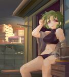  1girl black_panties black_sports_bra breasts building city closed_mouth commentary_request feet_out_of_frame green_hair grey_sky highres looking_at_viewer medium_bangs medium_breasts midriff navel nightstand original outdoors panties pink_eyes short_hair sitting sky smile solo sports_bra sunset underwear yukiman 