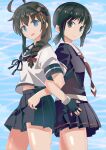  2girls ahoge back-to-back black_hair black_serafuku black_shirt black_skirt blue_eyes blue_sailor_collar blue_skirt braid cosplay costume_switch cowboy_shot fubuki_(kancolle) fubuki_(kancolle)_(cosplay) haida_katsuretsu hair_flaps hair_ornament hair_over_shoulder highres kantai_collection long_hair medium_hair multiple_girls neckerchief pleated_skirt red_neckerchief sailor_collar school_uniform serafuku shigure_(kancolle) shigure_(kancolle)_(cosplay) shigure_kai_ni_(kancolle) shigure_kai_ni_(kancolle)_(cosplay) shirt sidelocks single_braid skirt white_sailor_collar 