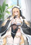  1girl :q azur_lane bare_shoulders between_breasts black_gloves blonde_hair breast_cutout breasts covered_navel fake_horns gloves habit hair_between_eyes half_gloves highres horns implacable_(azur_lane) indoors large_breasts long_hair looking_at_viewer nun pelvic_curtain plant potted_plant qing_wu red_eyes revealing_clothes sitting solo thighhighs tongue tongue_out very_long_hair white_horns white_thighhighs 