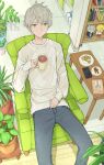  1boy action_figure argyle argyle_shirt book bookshelf cellphone chair cookie cup food from_above green_eyes grey_hair grey_pants holding holding_cup indoors kurei_9_0 male_focus mug original pants phone plant potted_plant rug shirt shoes shoes_removed sitting smartphone table white_shirt 