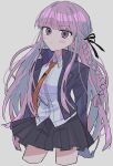  1girl black_hair black_jacket black_ribbon black_skirt blush_stickers cropped_legs danganronpa:_trigger_happy_havoc danganronpa_(series) frown gloves grey_background hair_ribbon highres jacket kirigiri_kyoko long_hair long_sleeves miniskirt necktie open_clothes open_jacket orange_necktie pink_gloves pleated_skirt purple_eyes ribbon shirt simple_background skirt solo uta_(utamilk) white_shirt 