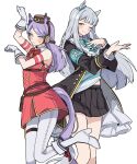  2girls absurdres animal_ears armband black_skirt blunt_bangs blush boots cosplay costume_switch gloves gold_ship_(umamusume) gold_ship_(umamusume)_(cosplay) golshi&#039;s_first_place_pose grey_hair half-closed_eye hat high_heel_boots high_heels highres horse_ears horse_girl horse_pose horse_tail long_hair long_sleeves looking_at_viewer mejiro_mcqueen_(umamusume) mejiro_mcqueen_(umamusume)_(cosplay) midriff_peek multiple_girls one_eye_closed pink_eyes pleated_skirt purple_eyes purple_hair simple_background skirt smile standing standing_on_one_leg swept_bangs tail umamusume unneul white_background white_footwear white_gloves 