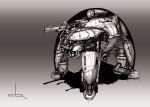  cable cannon chenlongque concept_art cyberpunk drone energy_cannon english_commentary gradient_background highres light machinery mecha monochrome no_humans original robot science_fiction shadow signature syd_mead_(style) turret walker_(robot) 