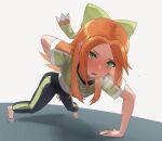  1girl blush etie_(fire_emblem) exercise fire_emblem fire_emblem_engage green_eyes hair_ribbon hand_on_ground highres long_hair open_mouth orange_hair pants pearlbbbb push-ups ribbon shirt shoes simple_background solo sweatpants white_background 