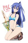  1girl absurdres bikini blue_bikini blue_hair blush breasts commentary_request full_body highres kazanari_tsubasa long_hair looking_at_viewer navel purple_eyes senki_zesshou_symphogear simple_background small_breasts smile solo swimsuit sword tanashi_(mk2) tongue tongue_out weapon white_background 