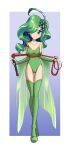  1girl absurdres aged_up breasts cape closed_mouth detached_sleeves earrings final_fantasy final_fantasy_iv full_body green_eyes green_hair green_leotard hair_ornament highres jewelry leotard long_hair looking_at_viewer rydia_(ff4) smile solo thetidrimaster thighhighs whip 
