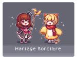  &gt;_&lt; 1boy 1girl :d =_= animal_ears ascot black_dress blonde_hair brown_hair chibi closed_eyes coat crown dithering dress french_text frilled_dress frills full_body gradient_background grey_background hairband holding holding_staff lion_boy lion_ears maria_(umineko) medium_hair multicolored_hair najaggwaeng orange_hair pink_ascot pixel_art red_hairband red_scarf rounded_corners sakutarou_(umineko) scarf short_hair sleeves_past_fingers sleeves_past_wrists smile sparkling_aura staff tail transparent_border umineko_no_naku_koro_ni ushiromiya_maria xd yellow_coat 