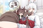  3girls =_= ? absurdres aged_down akagi-chan_(azur_lane) amagi-chan_(azur_lane) animal_ear_fluff animal_ears arms_up azur_lane bell between_breasts black_kimono blue_eyes blue_sky blunt_bangs blush breasts brown_hair cloud cloudy_sky commentary dated_commentary excited fox_ears fox_girl fox_tail hair_bell hair_ornament head_between_breasts highres indoors japanese_clothes kaga_(azur_lane) kimono kitsune kyuubi large_breasts long_hair motion_lines multiple_girls multiple_tails one_eye_closed open_mouth pillow print_kimono red_kimono samip short_hair sidelocks sky sleepy smile sound_effects spoken_object tail thighs tree twintails white_hair white_kimono window 