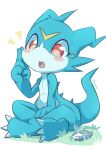  2023 5_fingers anthro bandai_namco blue_body blue_fingers blue_tail blush claws digimon digimon_(species) digivice fingers grass hi_res monotone_tail multicolored_body nude open_mouth plant shoru signature solo tail teeth tongue veemon white_body yellow_body 