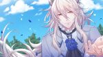  1boy aion_(show_by_rock!!) animal_ears blue_flower blue_petals blue_rose blue_sky flower formal grey_hair grey_jacket highres jacket lion_boy lion_ears long_hair long_sleeves looking_at_viewer male_focus mel6969 petals red_eyes rose shirt show_by_rock!! sky solo white_shirt 
