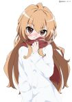  1girl absurdres aisaka_taiga blush breath brown_eyes coat highres light_brown_hair long_hair looking_at_viewer scarf simple_background solo toradora! upper_body white_background white_coat white_gorilla_(okamoto) winter_clothes 