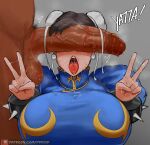  1boy 1girl blue_dress breasts brown_hair chun-li dark-skinned_male dark_skin double_v dress earrings erection grey_background highres huge_breasts jewelry large_penis lipstick_mark open_mouth paranoiddroid5 patreon_logo patreon_username penis penis_on_face penis_over_eyes simple_background sound_effects street_fighter testicles tongue tongue_out v web_address 