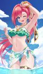  1girl absurdres akirappy armpits bikini blue_eyes blush breasts day floral_print green_sarong highres long_hair looking_at_viewer medium_breasts monster_strike navel ocean one_eye_closed open_mouth outdoors ponytail print_sarong red_hair ribbon sarong sky smile solo solomon_(monster_strike) swimsuit 