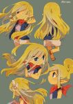  2girls alternate_hairstyle back blonde_hair blue_eyes closed_mouth dress from_side hair_down highres looking_at_viewer multiple_girls parted_bangs pointy_ears princess_zelda shirt simple_background smile tetra the_legend_of_zelda the_legend_of_zelda:_the_wind_waker tokuura toon_zelda 
