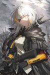  1girl absurdres aircraft airplane assault_rifle bad_gun_anatomy black_cloak black_gloves bomber braid braided_ponytail burning_building chinese_commentary cloak commentary_request commission debris eyepatch girls&#039;_frontline gloves gradient_hair gun highres holding holding_gun holding_weapon looking_at_viewer m16 m16a1_(girls&#039;_frontline) magazine_(weapon) military_vehicle multicolored_hair one_eye_covered overcast rifle ruins scar scar_across_eye scar_on_cheek scar_on_face shirt sky smoke solo streaked_hair upper_body war weapon white_hair xiegegege_gezi yellow_eyes yellow_shirt 