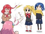  &gt;_&lt; 4girls :d afterimage ahoge blonde_hair blue_hair bocchi_the_rock! chibi drumsticks empty_eyes fighting gotou_hitori holding holding_drumsticks ijichi_nijika kita_ikuyo long_hair medium_hair mouth_hold multiple_girls pink_hair prehensile_hair red_hair school_uniform shimokitazawa_high_school_uniform short_hair shuka_high_school_uniform smile solid_oval_eyes stalk_in_mouth tenten_(chan4545) yamada_ryou yellow_eyes 