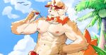  1boy abs absurdres animal_ears arknights bara baseball_cap beach brown_fur bulge cropped dog_boy dog_ears erection erection_under_clothes feet_out_of_frame first_aid furry furry_male hat highres horns hung_(arknights) large_pectorals large_tail looking_at_bulge male_focus male_swimwear medium_hair midriff_peek multicolored_hair muscular muscular_male navel navel_hair nipples orange_eyes orange_hair out-of-frame_censoring outdoors palm_tree pectoral_cleavage pectorals red_male_swimwear single_horn solo standing streaked_hair swim_briefs tail thick_eyebrows tree two-tone_fur upper_body uza_(hellme) whistle whistle_around_neck white_fur white_hair 