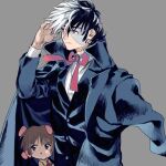  1boy 1girl :o black_coat black_hair black_jack_(character) black_jack_(series) bow brown_hair child closed_mouth coat coat_on_shoulders collared_shirt expressionless grey_background hair_bow long_sleeves looking_away mame_moyashi multicolored_hair multiple_hair_bows neck_ribbon orange_eyes patchwork_skin pink_bow pinoko red_ribbon ribbon scar scar_on_arm scar_on_face shirt short_hair simple_background split-color_hair trench_coat white_hair white_shirt 