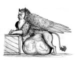  abdominal_bulge after_vore ambiguous_gender avian beak belly big_belly black_and_white box container diego_(thatgryphonguy) digestion duo feral feral_pred gryphon leaning_against_object male male_pred monochrome mythological_avian mythology quadruped thatgryphonguy traditional_media_(artwork) vore wings 