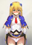  1girl ass_visible_through_thighs belt blazblue blonde_hair blue_capelet blue_skirt blush breasts capelet clothes_lift collared_shirt cowboy_shot cropped_shirt embarrassed gloves gold_trim gradient_background green_eyes hair_ornament lifted_by_self long_hair medium_breasts navel necktie noel_vermillion panties pleated_skirt red_necktie red_ribbon ribbon sayoi shirt shoulder_ribbon simple_background skirt skirt_lift sleeveless sleeveless_shirt solo underwear white_gloves white_panties white_shirt 