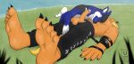  2023 5_fingers 5_toes anthro balls bandai_namco barefoot black_belt black_bottomwear black_clothing black_pants blonde_mane blue_body blue_fur bottomwear brown_balls brown_body brown_penis brown_skin canid canine canis claws clothed clothing countershade_face countershading dated digimon digimon_(species) domestic_dog duo erection eyes_closed feet finger_claws fingers foot_fetish foot_focus fur genitals grass humanoid_feet humanoid_genitalia humanoid_hands humanoid_penis leomon male male/male mammal mane multicolored_body multicolored_fur pants pants_only penis pink_penis_tip plant plantigrade prick_ears signature snout stitch_(sewing) tail toe_claws toes topless topless_anthro topless_male uchihadems unconscious water white_body white_ears white_feet white_fur white_hands yellow_tail 