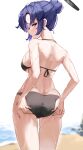  1girl absurdres alternate_costume ass beach bikini black_bikini blue_archive blurry blurry_background blush breasts from_behind hair_bun halo hands_on_own_ass highres looking_at_viewer looking_back outdoors profile purple_eyes purple_hair sideboob single_hair_bun solo sstthei swimsuit underboob water_drop yuuka_(blue_archive) 