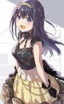  1girl :d ayano_yuu_(sonma_1426) back_bow black_gloves black_hair bow choker dress feet_out_of_frame floral_print gloves hair_ornament hairband highres idol idoly_pride lace lace_choker long_hair looking_at_viewer nagase_mana open_mouth purple_eyes skirt smile solo yellow_skirt 