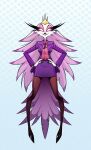  anthro avian bird clothed clothing feathers female helluva_boss hi_res owl owl_demon pink_body pink_eyes pink_feathers purple_clothing solo stella_(helluva_boss) white_body white_feathers xszwhr 