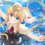  1girl air_(visual_novel) ascot blonde_hair blue_eyes blue_sky cloud cowboy_shot cross_ornament day hair_ribbon highres kamio_misuzu long_hair outdoors ponytail red_ascot ribbon school_uniform shirt sky smile solo ura_(ura-tennislove) very_long_hair yellow_shirt 