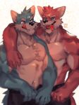  abs absurd_res anthro biceps blue_body blue_eyes bottomwear canid canine canis clothing duo fangs hair hemuchang hi_res male mammal multicolored_body muscular muscular_male pants pecs red_body red_eyes shirtless_male teeth tongue were werecanid werecanine werewolf wolf 