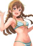  1girl baji_toufuu_(bajitohfu) bikini blue_bikini blue_eyes braid breasts brown_hair collarbone front-tie_bikini_top front-tie_top highres idolmaster idolmaster_million_live! kousaka_umi long_hair looking_at_viewer medium_breasts navel open_mouth smile solo stomach string_bikini swimsuit twin_braids 