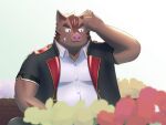  2023 anthro brown_body clothing flower gozmori hermann_(knights_college) hi_res humanoid_hands kemono knights_college male mammal overweight overweight_male plant shirt sitting solo suid suina sus_(pig) topwear wild_boar 