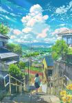  1girl absurdres bag building cat chain-link_fence cloud fence flower from_above from_behind highres house original railing rooftop ryowelcome1 scenery school_bag school_uniform shirt sky socks solo stairs sunflower tree utility_pole walkway white_cat white_shirt white_socks 