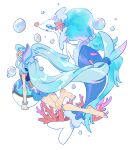  1girl aqua_hair barefoot bikini blue_eyes blue_headwear bubble coral hat hatsune_miku highres holding inflatable_toy long_hair looking_at_viewer open_mouth poke_ball pokemon pokemon_(creature) primarina project_voltage simple_background swimsuit tan twintails very_long_hair visor_cap vocaloid water_miku_(project_voltage) white_background yamifuti 