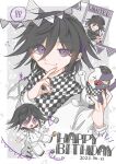  ! !! 1boy black_hair black_headwear buttons checkered_clothes checkered_scarf chibi chibi_inset closed_mouth danganronpa_(series) danganronpa_v3:_killing_harmony dated grey_jacket grin hair_between_eyes hands_up happy_birthday highres holding jacket monokuma multiple_views oma_kokichi purple_eyes scarf serizawa_0101 short_hair smile speech_bubble sweatdrop teeth v wanted 