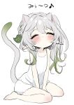  1girl animal_ears bare_shoulders barefoot blush cat_ears cat_girl cat_tail closed_eyes closed_mouth commentary_request dress full_body genshin_impact gradient_hair gradient_tail green_hair grey_hair hair_ornament highres hirarinoie kemonomimi_mode leaf_hair_ornament long_hair multicolored_hair nahida_(genshin_impact) pointy_ears simple_background sitting sketch sleeveless sleeveless_dress solo tail translation_request v_arms wariza white_background 
