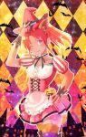  1girl animal_ears argyle argyle_background bat_(animal) closed_mouth collarbone dress fake_animal_ears halloween_costume hat jack-o&#039;-lantern long_hair looking_at_viewer macchi_theo millie_chliette one_eye_closed orange_thighhighs pink_eyes pink_hair pointy_ears ponytail skirt smile solo star_ocean star_ocean_anamnesis star_ocean_first_departure thighhighs v witch_hat 