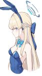 1girl animal_ears bare_shoulders blonde_hair blue_archive blue_bow blue_bowtie blue_halo blue_leotard bow bowtie braid breasts cleavage covered_navel dan_(kumadan) detached_collar fake_animal_ears halo highres leotard long_hair looking_at_viewer medium_breasts official_alternate_costume playboy_bunny rabbit_ears simple_background solo toki_(blue_archive) toki_(bunny)_(blue_archive) upper_body white_background 